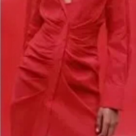 Zara red ruched Festive Sexy holiday Christmas Party long sleeve Midi dress M - Picture 2 of 11